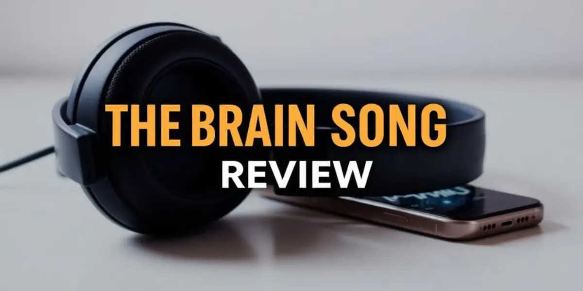 The Brain Song Review showing headphones beside an abstract audio waveform